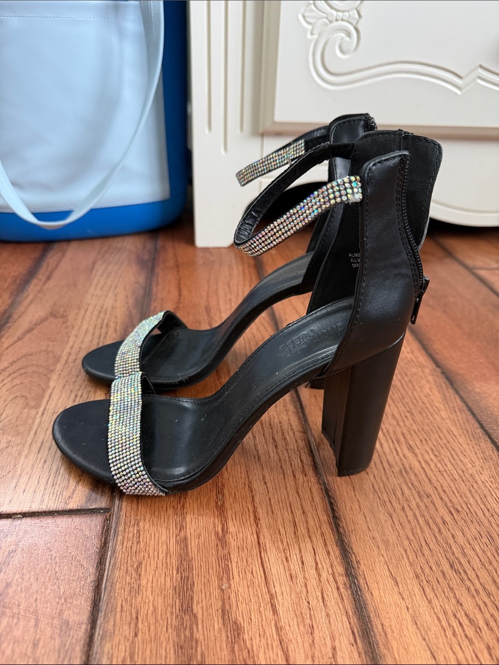 Black High Block Heel Sandals with Crystal Straps